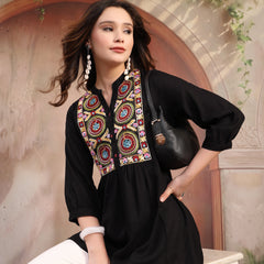 Women Black Embroidered Rayon Top