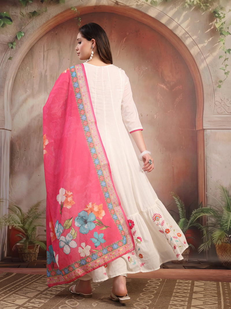 Women White Embroidered Anarkali Set with Dupatta