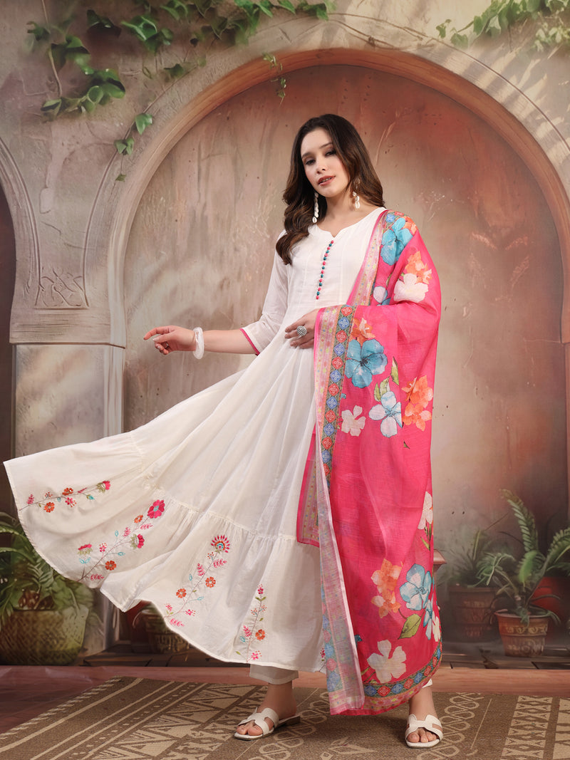 Women White Embroidered Anarkali Set with Dupatta