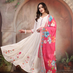 Women White Embroidered Anarkali Set with Dupatta