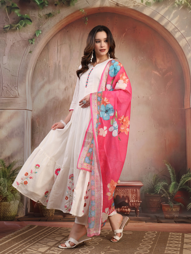 Women White Embroidered Anarkali Set with Dupatta