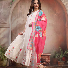 Women White Embroidered Anarkali Set with Dupatta