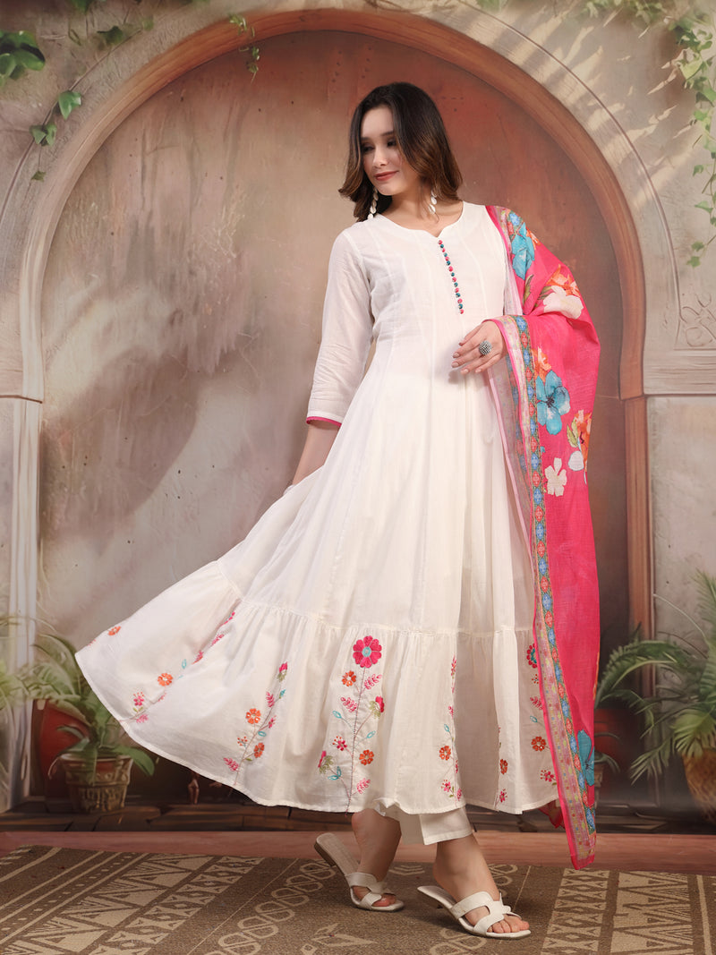 Women White Embroidered Anarkali Set with Dupatta