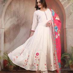 Women White Embroidered Anarkali Set with Dupatta