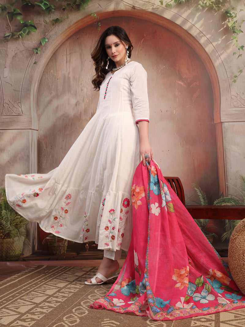 Women White Embroidered Anarkali Set with Dupatta