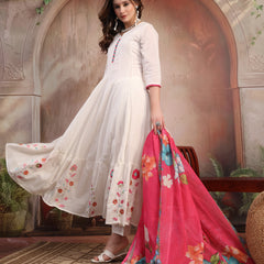 Women White Embroidered Anarkali Set with Dupatta