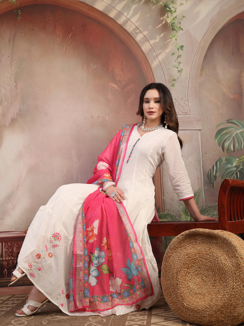 Women White Embroidered Anarkali Set with Dupatta