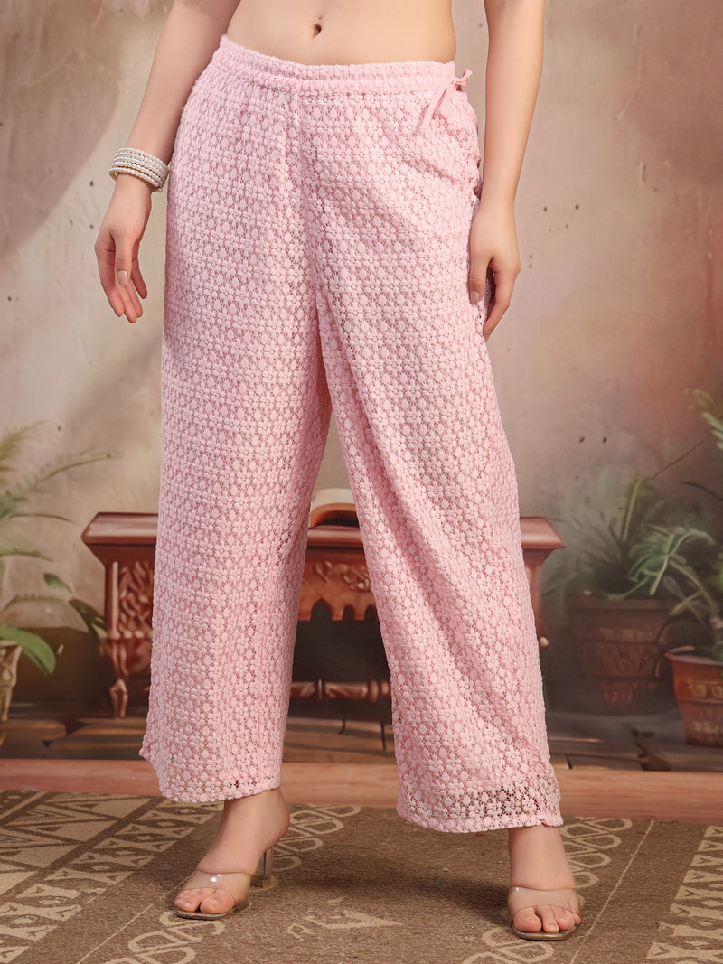 Women Turquoise Blue Self Design Cotton Palazzo