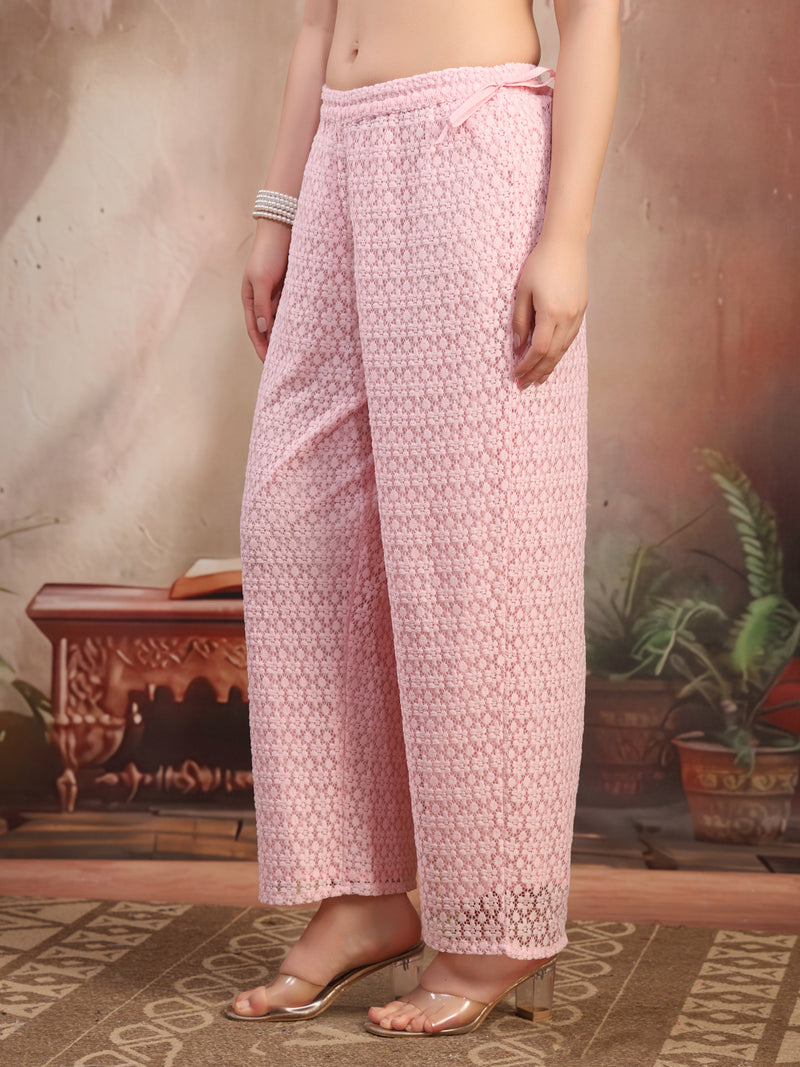 Women Turquoise Blue Self Design Cotton Palazzo