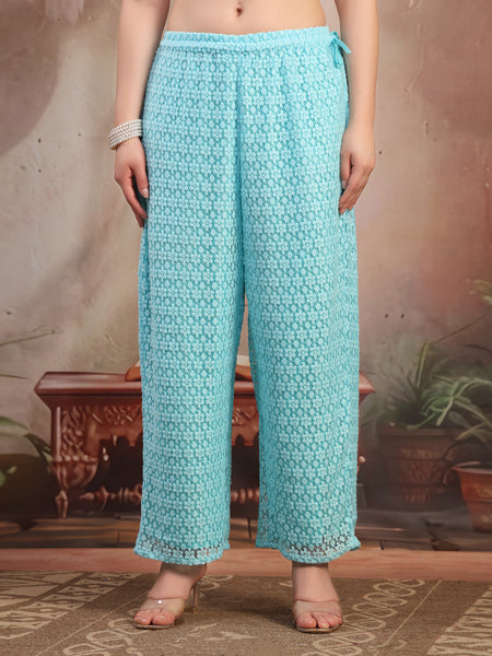 Women Turquoise Blue Self Design Cotton Palazzo