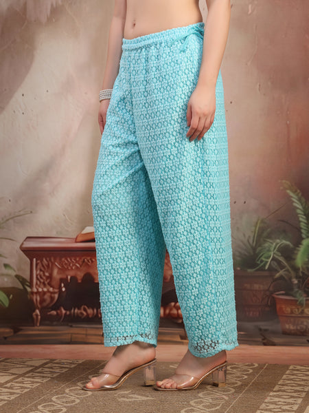Women Turquoise Blue Self Design Cotton Palazzo