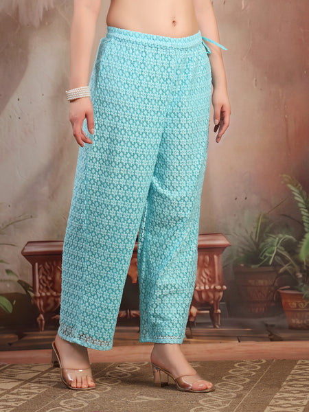 Women Turquoise Blue Self Design Cotton Palazzo