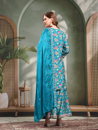 Ramas Embroidered Round Neck Straight Kurta & Sharara With Dupatta