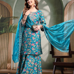 Ramas Embroidered Round Neck Straight Kurta & Sharara With Dupatta