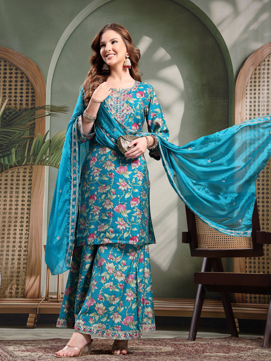 Ramas Embroidered Round Neck Straight Kurta & Sharara With Dupatta