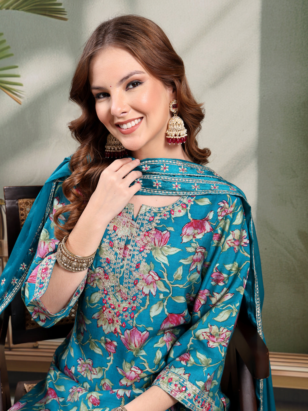 Ramas Embroidered Round Neck Straight Kurta & Sharara With Dupatta