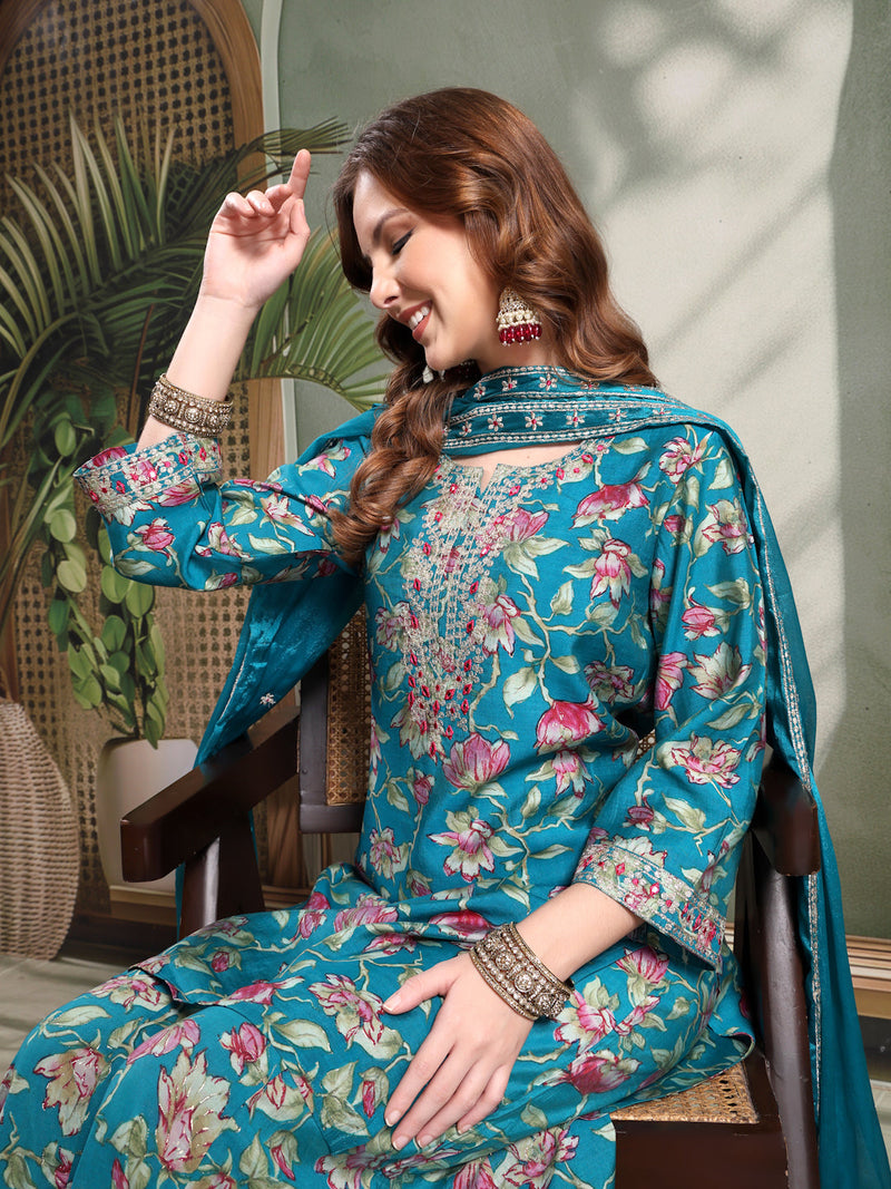 Ramas Embroidered Round Neck Straight Kurta & Sharara With Dupatta