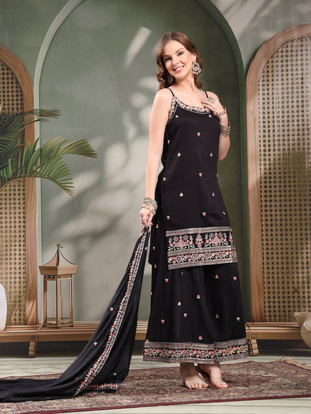 Ramas Floral Embroidered Round Neck Kurta & Sharara With Dupatta