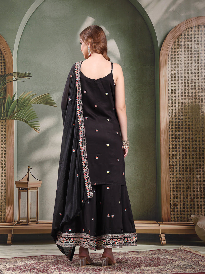 Ramas Floral Embroidered Round Neck Kurta & Sharara With Dupatta