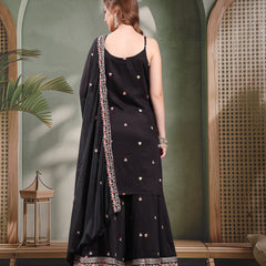 Ramas Floral Embroidered Round Neck Kurta & Sharara With Dupatta