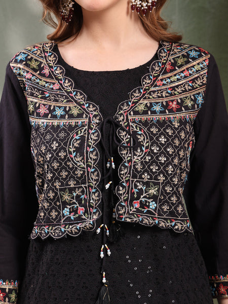 Ramas Sequin Embroidered Pure Cotton Round Neck Kurta & Sharara With Dupatta