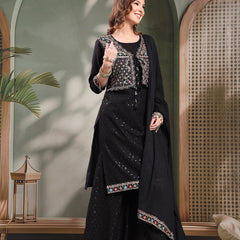 Ramas Sequin Embroidered Pure Cotton Round Neck Kurta & Sharara With Dupatta