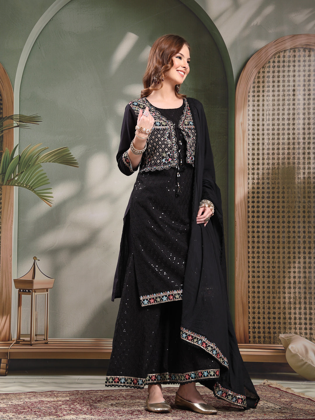 Ramas Sequin Embroidered Pure Cotton Round Neck Kurta & Sharara With Dupatta
