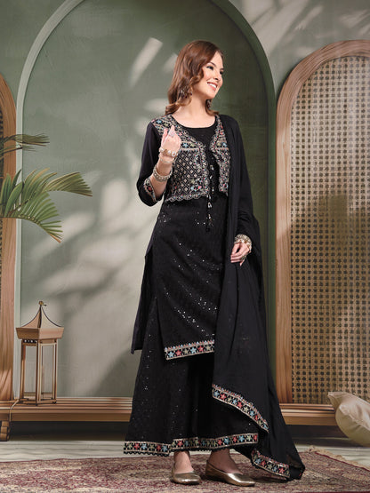 Ramas Sequin Embroidered Pure Cotton Round Neck Kurta & Sharara With Dupatta