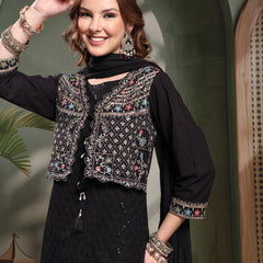 Ramas Sequin Embroidered Pure Cotton Round Neck Kurta & Sharara With Dupatta
