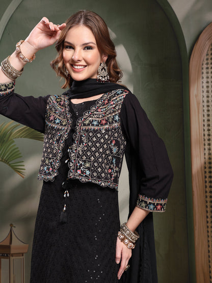 Ramas Sequin Embroidered Pure Cotton Round Neck Kurta & Sharara With Dupatta