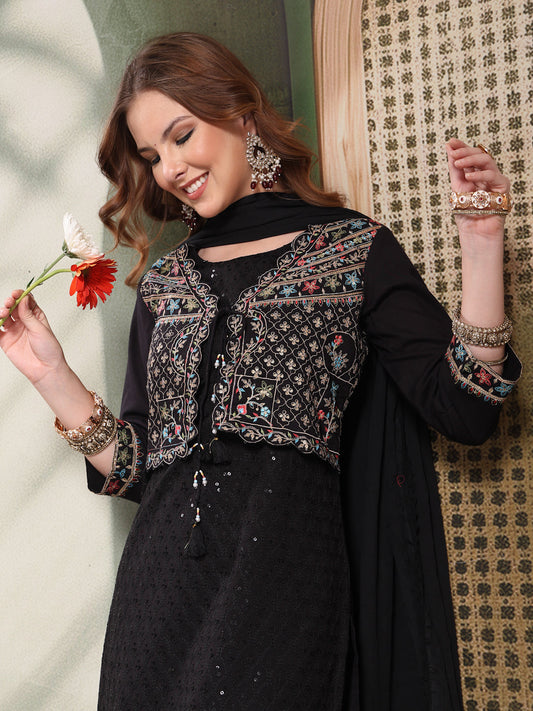 Ramas Sequin Embroidered Pure Cotton Round Neck Kurta & Sharara With Dupatta