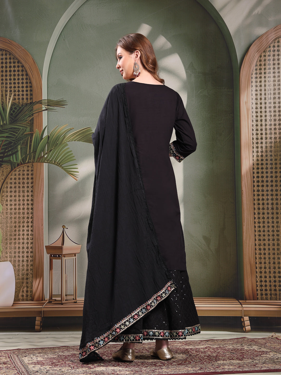 Ramas Sequin Embroidered Pure Cotton Round Neck Kurta & Sharara With Dupatta