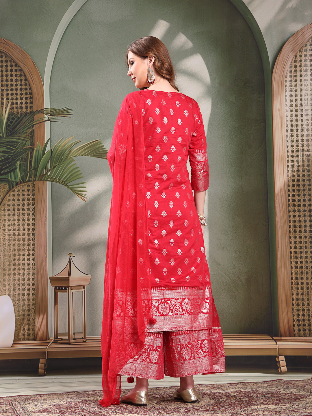 Ramas Printed Tie-Up Neck Kurta & Palazzos With Dupatta
