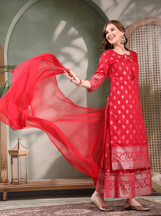 Ramas Printed Tie-Up Neck Kurta & Palazzos With Dupatta