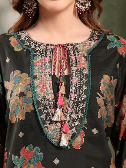 Ramas Embroidered Tie-Up Neck Straight Kurta & Sharara With Dupatta