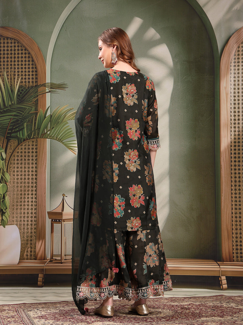 Ramas Embroidered Tie-Up Neck Straight Kurta & Sharara With Dupatta