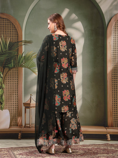 Ramas Embroidered Tie-Up Neck Straight Kurta & Sharara With Dupatta