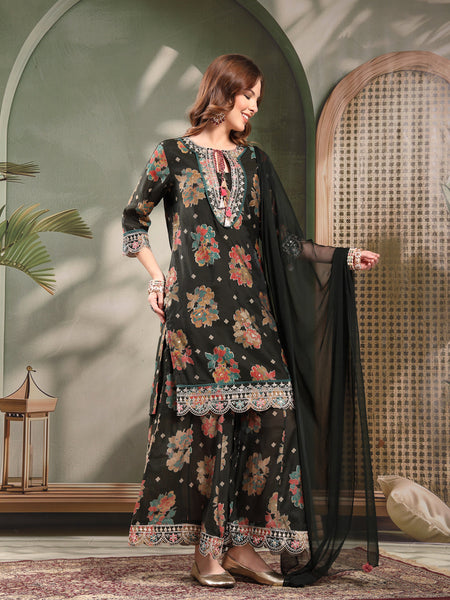 Ramas Embroidered Tie-Up Neck Straight Kurta & Sharara With Dupatta