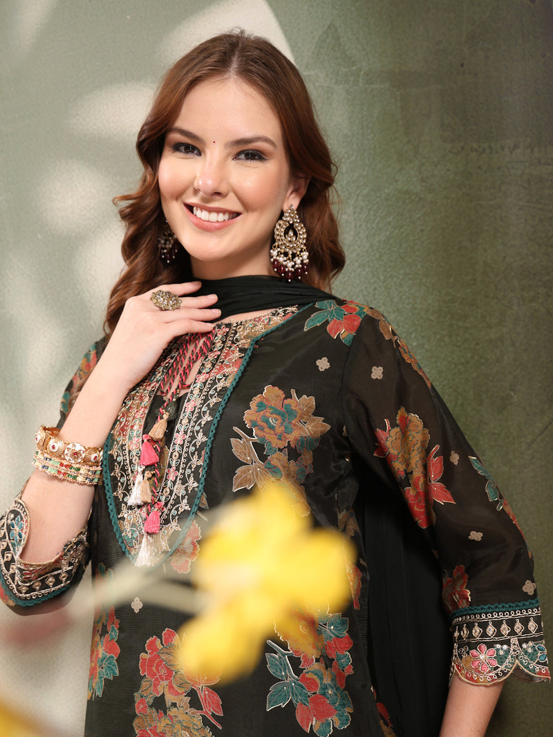 Ramas Embroidered Tie-Up Neck Straight Kurta & Sharara With Dupatta