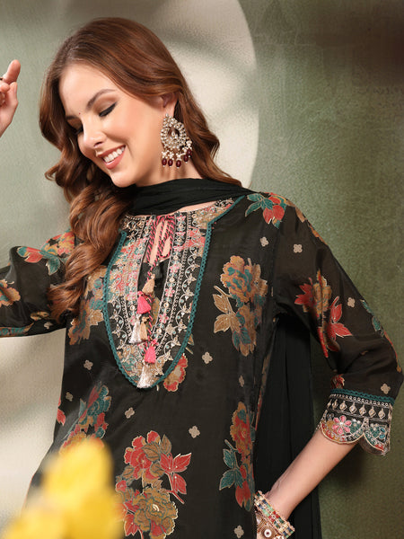 Ramas Embroidered Tie-Up Neck Straight Kurta & Sharara With Dupatta