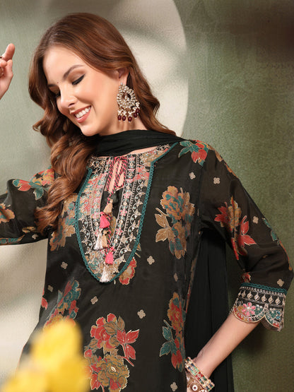 Ramas Embroidered Tie-Up Neck Straight Kurta & Sharara With Dupatta
