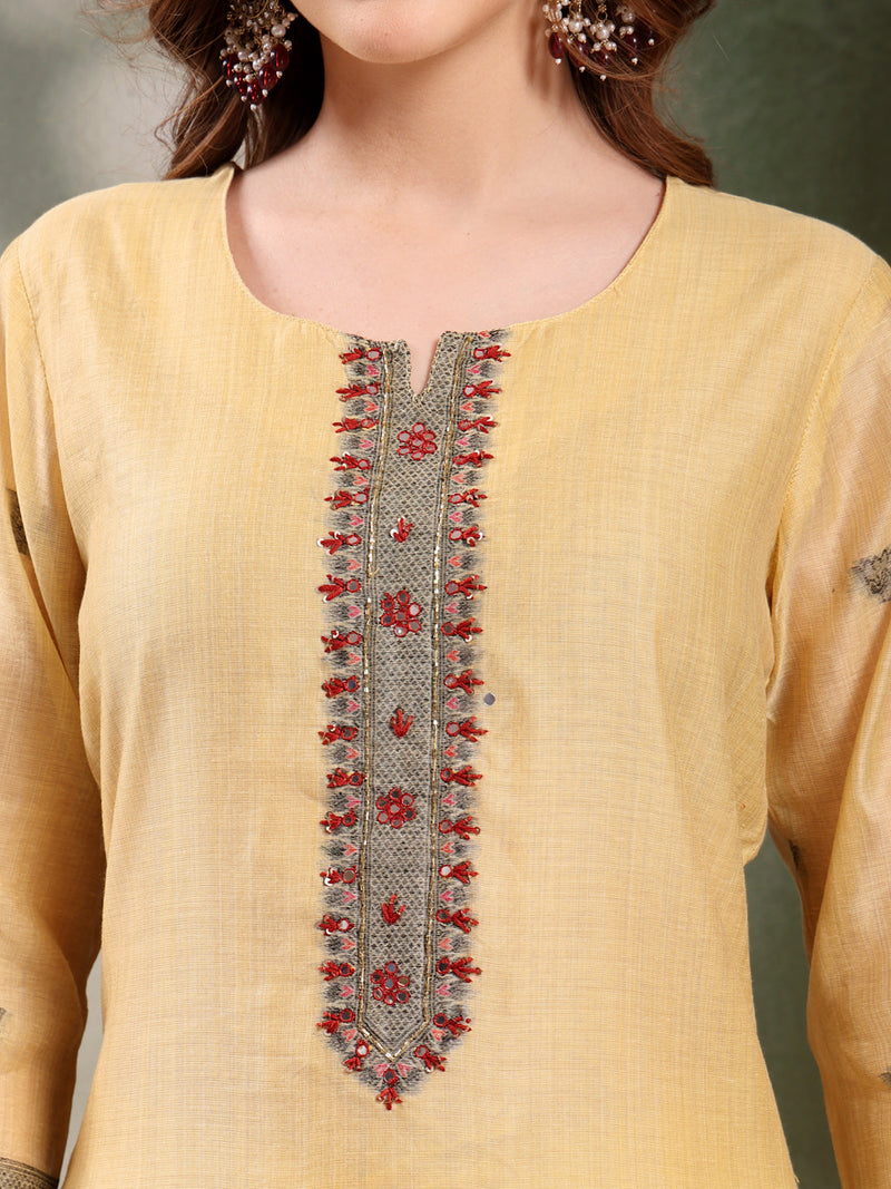 Ramas Woven Design Mirror Work Straight Round Neck Kurta & Palazzos With Dupatta