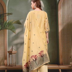 Ramas Woven Design Mirror Work Straight Round Neck Kurta & Palazzos With Dupatta