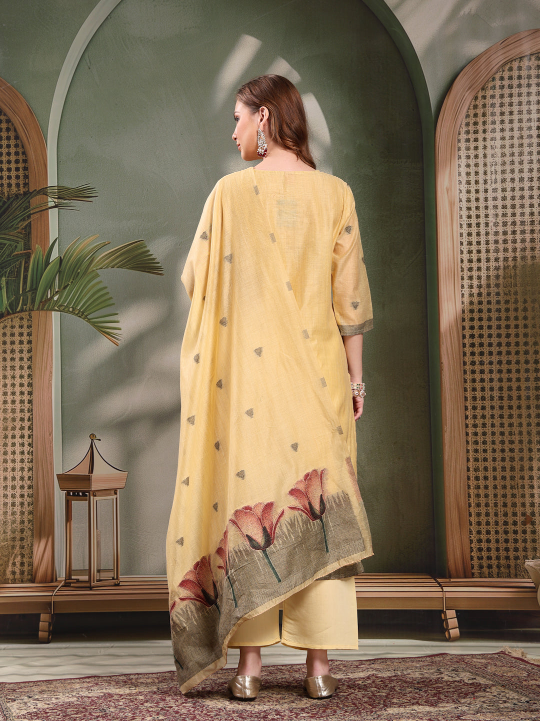 Ramas Woven Design Mirror Work Straight Round Neck Kurta & Palazzos With Dupatta