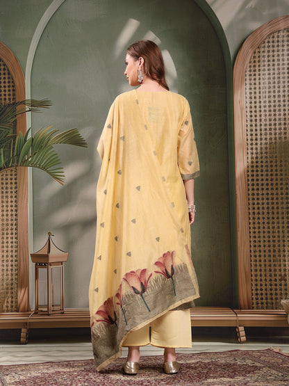 Ramas Woven Design Mirror Work Straight Round Neck Kurta & Palazzos With Dupatta