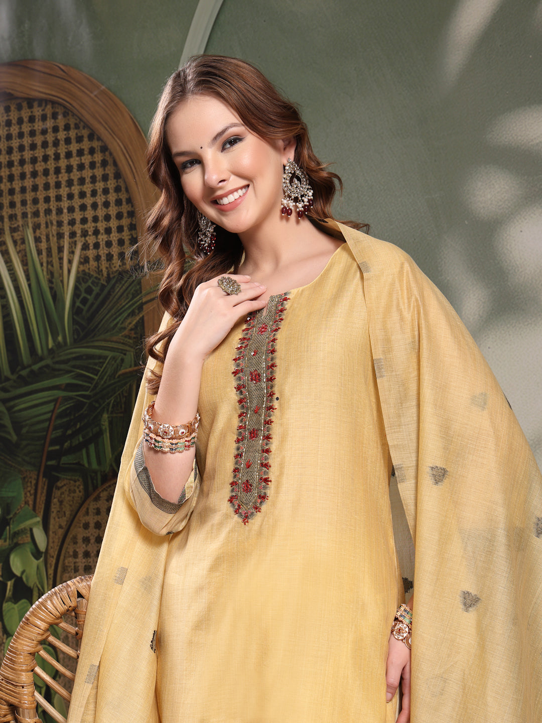 Ramas Woven Design Mirror Work Straight Round Neck Kurta & Palazzos With Dupatta