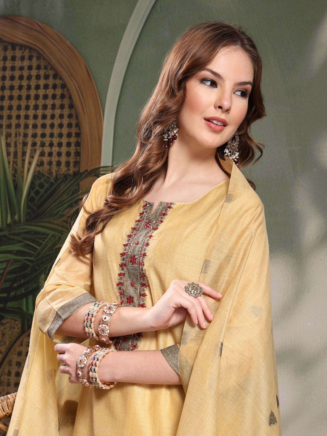 Ramas Woven Design Mirror Work Straight Round Neck Kurta & Palazzos With Dupatta