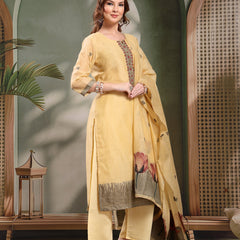 Ramas Woven Design Mirror Work Straight Round Neck Kurta & Palazzos With Dupatta