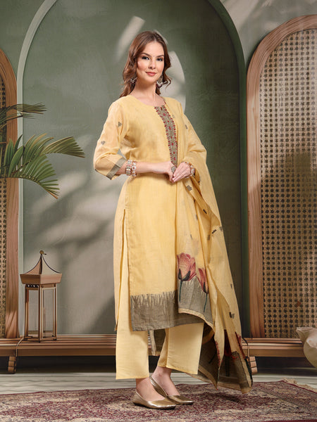 Ramas Woven Design Mirror Work Straight Round Neck Kurta & Palazzos With Dupatta