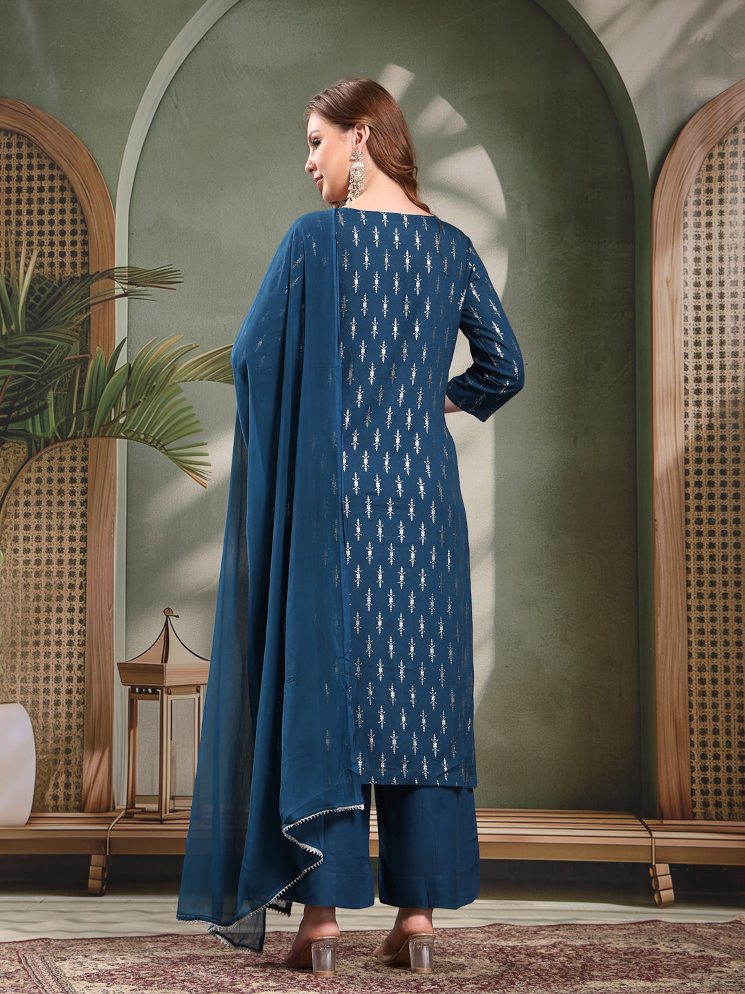 Ramas Embroidered Round Neck Straight Kurta & Palazzos With Dupatta